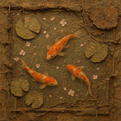 A koi pond seen from above, orange and white koi fish swimming among lily pads, clear water with subtle ripples, fallen cherry blossom petals floating on the surface, dappled sunlight