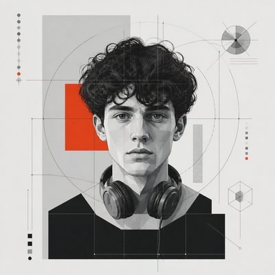 head-and-shoulders portrait of an original character: a young man with curly dark hair and headphones around his neck, plain backdrop, no text