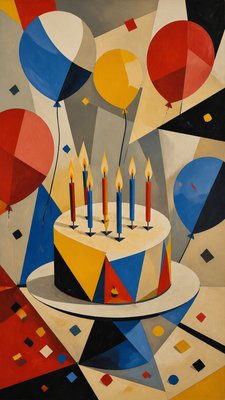 a birthday cake with lit candles surrounded by balloons and confetti, festive vertical composition, no text