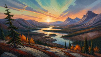 a vast valley with a river winding toward distant mountains at sunrise, no people, no text