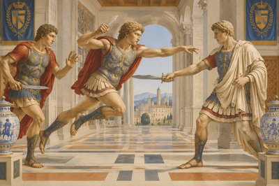 a painting of three men fighting in a palace