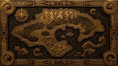 a map of an island realm with mountains, forests, a sheltered bay, sea monsters in the water and a compass rose, no text labels