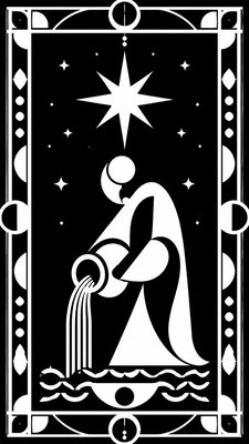 a robed figure pouring water beneath a large eight-pointed star in a night sky, symmetrical composition with an ornate decorative border, no text