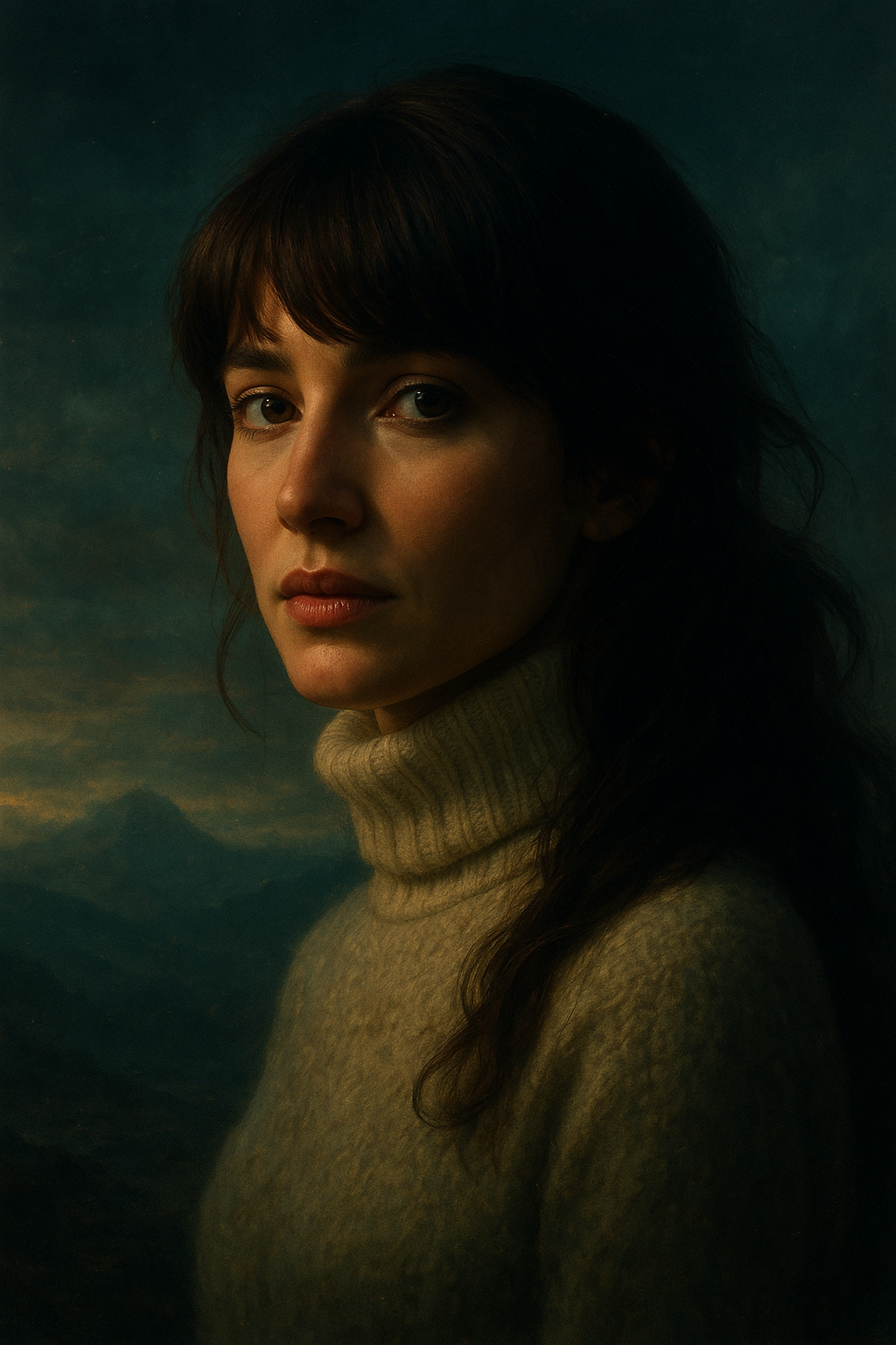 a painting of a woman in a turtle neck sweater