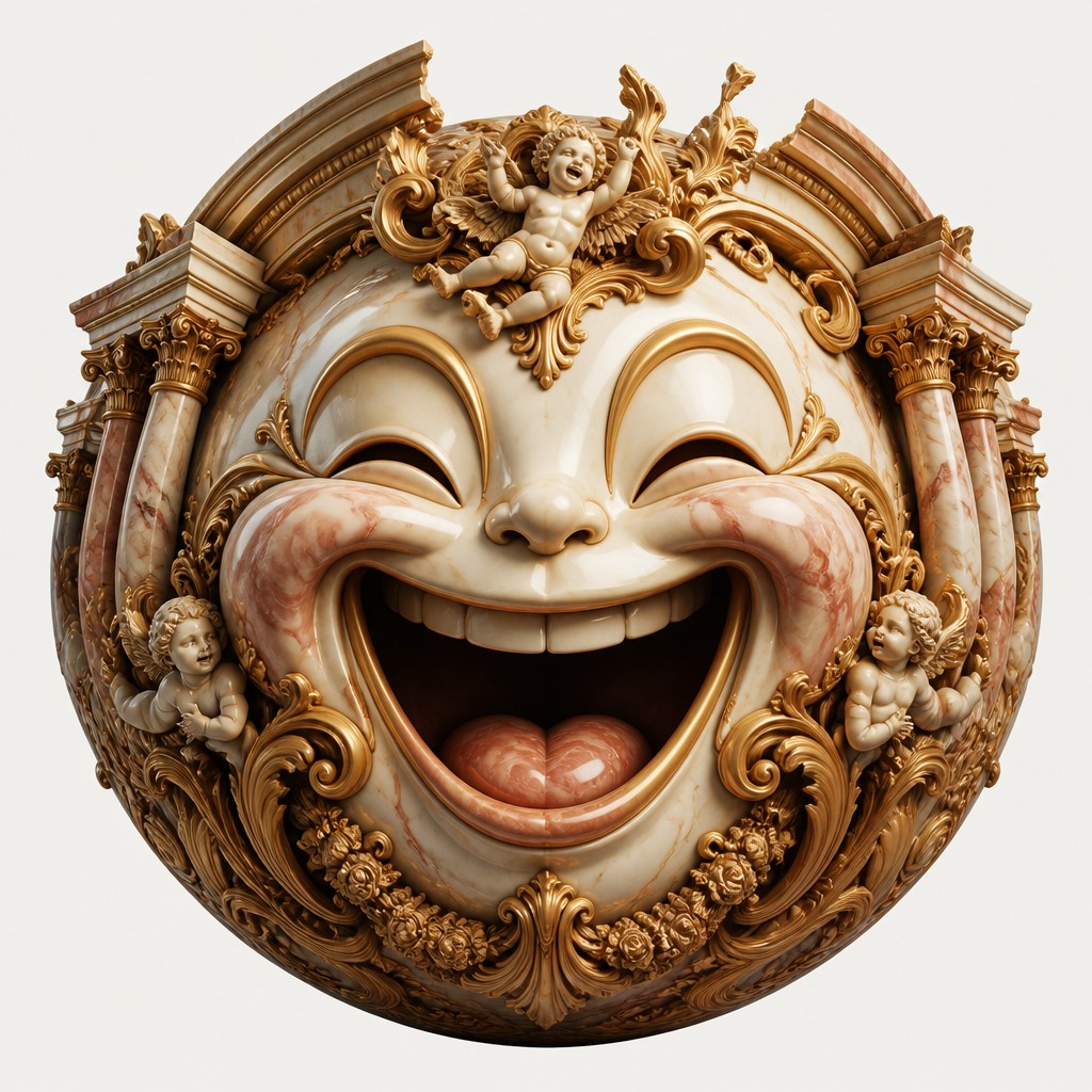 an exaggerated laughing face of an original round mascot character, bold and readable at small size, plain background, no text