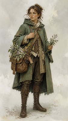 full-body original character: a wandering botanist with a satchel of plants, a patched green cloak, tall boots and round glasses, neutral background