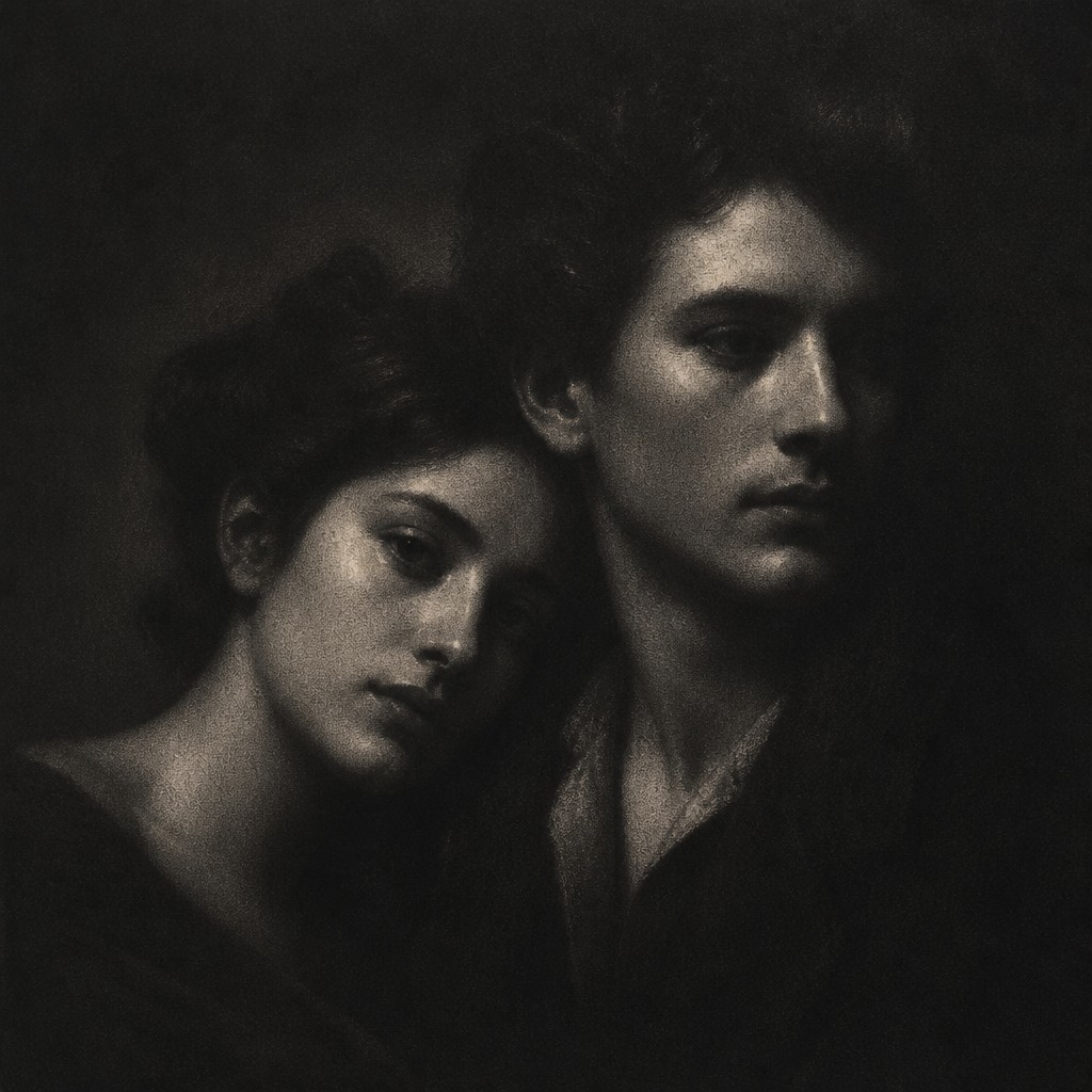 portrait of two people together — Mezzotint Print Style