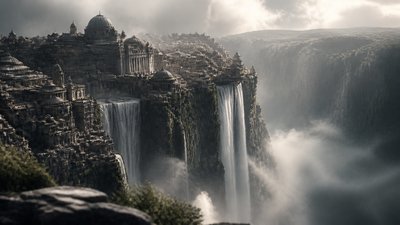 a cliffside city with waterfalls cascading into a misty canyon, wide establishing shot, no people, no text