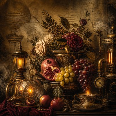 still life arrangement of fruits and flowers