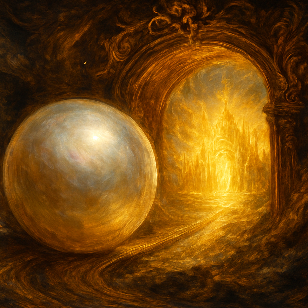 A profoundly symbolic and awe-inspiring depiction of a colossal, luminous pearl gate in the New Jerusalem, captured in the dynamic act of rolling away, similar to the stone being moved from Christ's tomb. The gate, a single, immense, perfectly spherical pearl, is shown mid-motion, having just been set aside from the entrance, revealing the glorious city beyond.
The pearl itself glows with an intense, soft iridescence, reflecting the divine light. Its surface shows subtle, exquisite details of mother-of-pearl. The frame or opening from which it has rolled away is visible, perhaps showing immense, smooth tracks or channels in the transparent gold structure of the city wall, reinforcing the idea of its monumental movement.
Through the now open gate, the radiant glory of the New Jerusalem streams forth. Pure gold streets, like transparent glass, extend into the city, illuminated by an intense, divine light that emanates from within. Heavenly architecture, impossibly beautiful and intricate, is glimpsed in the distance, beckoning. The atmosphere is one of profound sanctity, triumphant revelation, and welcoming access to the divine, with the act of the pearl rolling away symbolizing a breakthrough or an open invitation. The lighting is ethereal and grand, emphasizing the pearl's luster and the city's overwhelming glory."