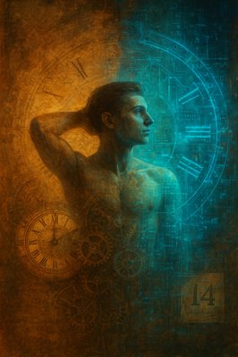 a painting of a man with a clock in the background