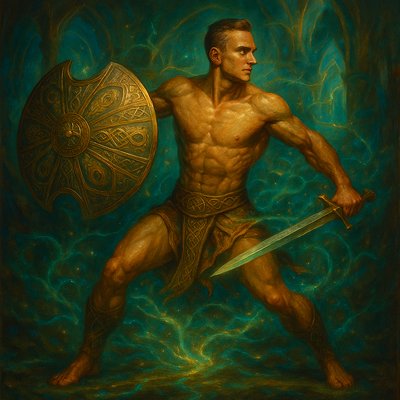 a painting of a man holding a sword and a shield