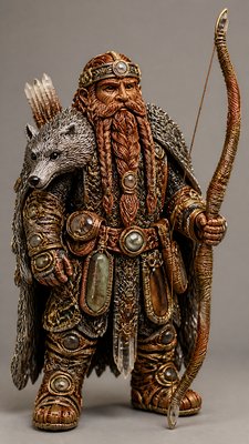 full-body original character: a dwarven ranger with a braided auburn beard, worn leather armor, a longbow and a wolf-pelt cloak, neutral background, no text