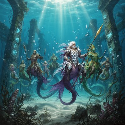 Golden Age Fantasy Illustration Style, Painterly Realism, Crystalline Underwater Photography Aesthetic. A stunning view looking straight down through impossibly clear, glassy ocean water, as if peering over the edge of a ship. Below, on the white sand seabed, are the seaweed-covered ruins of a sunken, ancient civilization.

The Merpeople: A royal hunting party of Narnian Mermen and Mermaids are riding through the submerged streets. They are not gentle, fairy-tale creatures, but possess a wild, fierce majesty. They ride side saddle tails aside their large, powerful, scaled hippocamps (mythical sea-horses). 

Key Figures & Details: The Mer-King, with flowing white hair and a stern expression, wears armor crafted from iridescent pearl and abalone shells, brandishing a long spear tipped with gold. His powerful tail is deep amethyst. A fierce Mer-Queen rides beside him, her colors shimmering emerald and gold. Smaller merfolk follow, shaking spears.

Lighting & Atmosphere: Bright shafts of sunlight pierce the deep water, illuminating the underwater dust motes and making the scales of the merfolk and their mounts sparkle intensely. The mood is silent, ancient, and awe-inspiring.
