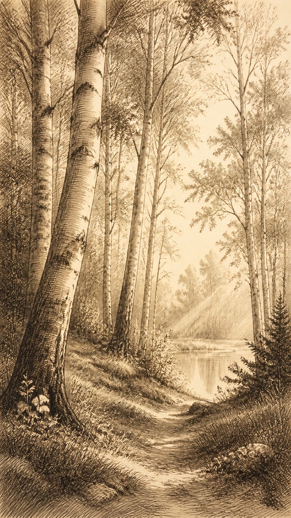 a serene birch forest in soft morning light, no people, no text