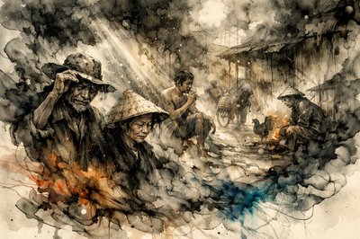 Southeast Asia.  Modern day.  The damaged and the broken ones; all rooted in the past,
	live life the way it always was, from their first day to their last.
	Motes of dust in beams of light, in the darkness of this day,
	we tip the hat and give a nod, for the truth we can’t convey.

	Everything is real, but nothing matters, anyway.
	Where life is only what must be, from the cradle to the grave.
	Everyone does what they can:  Nothing less, but sure no more. 
	Tip the hat and give a nod to the ones who’ve gone before.
	We tip our hats and give the nod to the world we’ve all ignored
