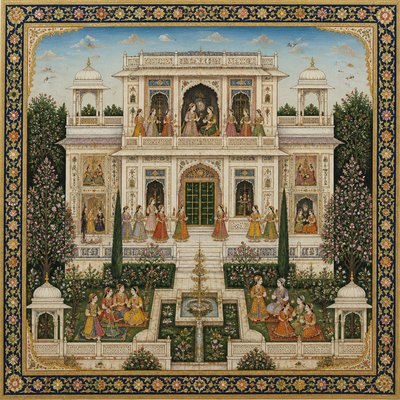 house with front view — Mughal Miniature Art Style
