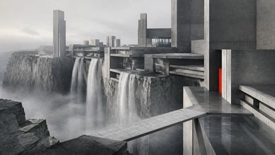 a cliffside city with waterfalls cascading into a misty canyon, wide establishing shot, no people, no text