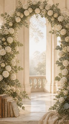 an arch of white roses and eucalyptus in soft morning light, elegant vertical composition with open space, no text