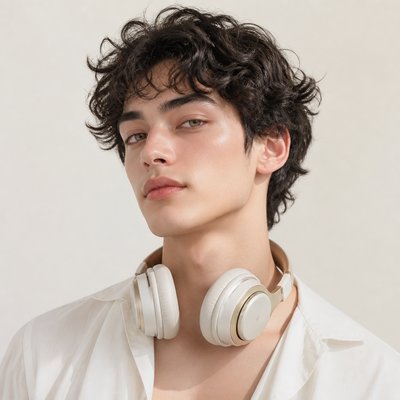 head-and-shoulders portrait of an original character: a young man with curly dark hair and headphones around his neck, plain backdrop, no text