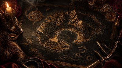 a map of an island realm with mountains, forests, a sheltered bay, sea monsters in the water and a compass rose, no text labels