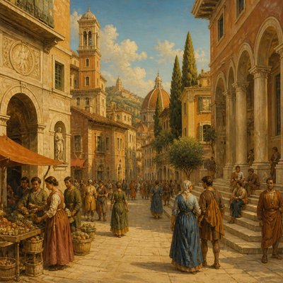 urban street with city activity — Italian Art Style