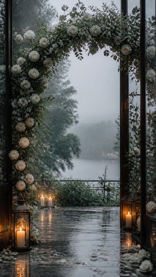 an arch of white roses and eucalyptus in soft morning light, elegant vertical composition with open space, no text