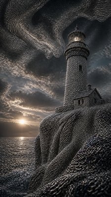 a lone lighthouse on a cliff at dusk under a dramatic sky, no text or lettering