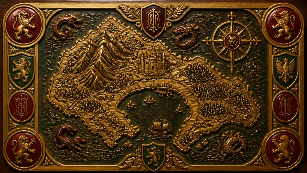 a map of an island realm with mountains, forests, a sheltered bay, sea monsters in the water and a compass rose, no text labels