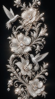 a climbing vine of flowers and hummingbirds on a dark background, tall wrapping composition, no text