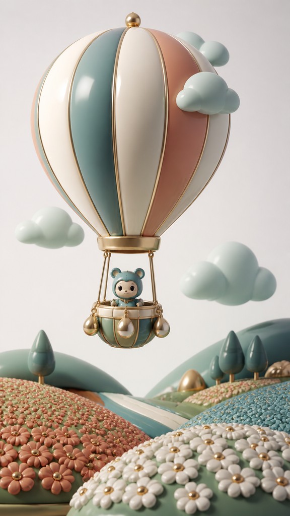 a hot air balloon drifting over rolling flower fields on a sunny day, cheerful, no text