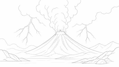 an erupting volcano with lightning strikes, dramatic wide composition, no text