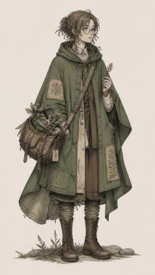 full-body original character: a wandering botanist with a satchel of plants, a patched green cloak, tall boots and round glasses, neutral background