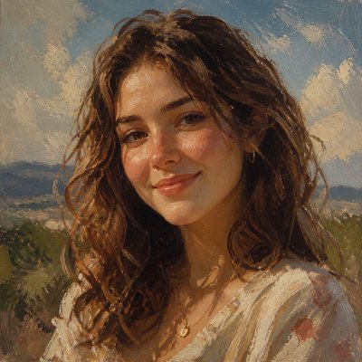 head-and-shoulders portrait of an original character: a young woman with wavy chestnut hair and a warm smile, plain soft backdrop