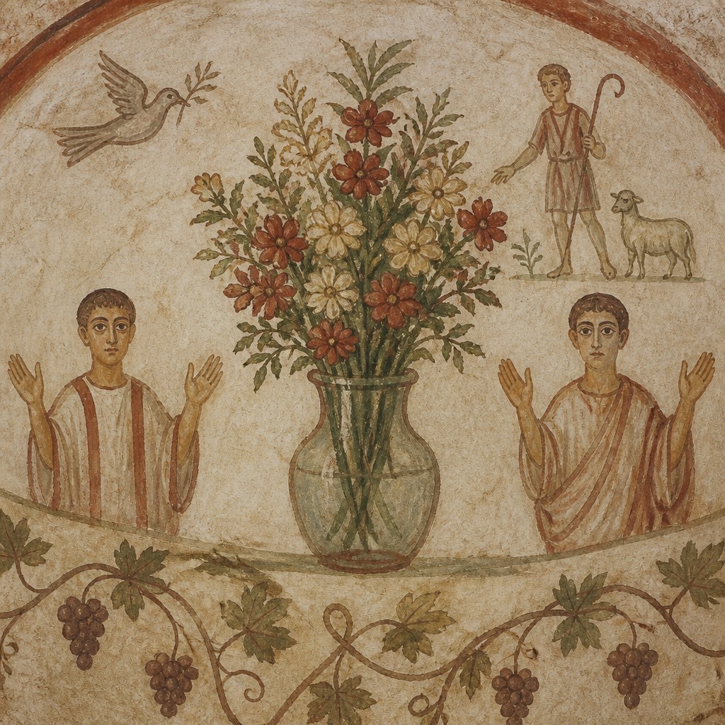 bouquet of flowers in a glass vase — Early Christian Art Style
