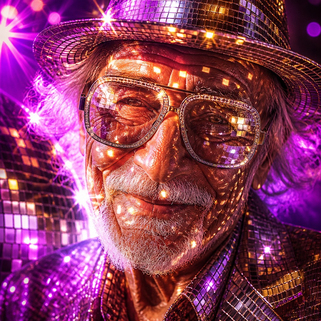 close-up portrait of an elderly person with expressive weathered features — Disco Aesthetic