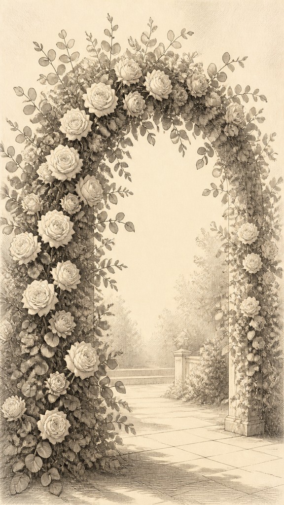 an arch of white roses and eucalyptus in soft morning light, elegant vertical composition with open space, no text