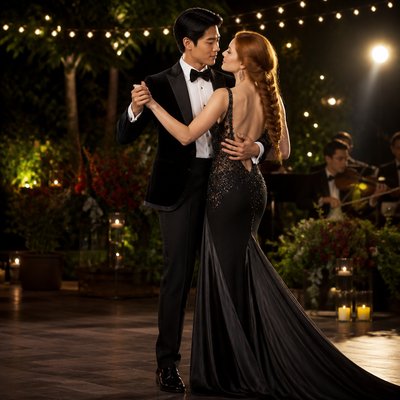 an original couple dancing under string lights in a garden at dusk: a man with short black hair in a linen shirt and a woman with braided red hair in a summer dress