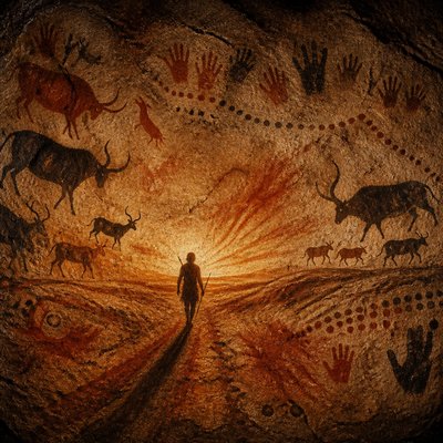 a solitary figure walking toward a glowing horizon across an empty plain, moody atmosphere, no text or lettering