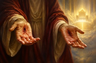 image of Christ's hands based on poem by Jeanne Kun
"Your hands, once so wounded and so bloodied,
still bear the hard-won battle scars—
signs of victory and glory 
and a record of the price you paid for me.
And now you never cease 
to intercede before the throne of God,
those wounds indelibly written upon your flesh 
pleading there on my behalf."
