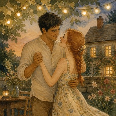 an original couple dancing under string lights in a garden at dusk: a man with short black hair in a linen shirt and a woman with braided red hair in a summer dress