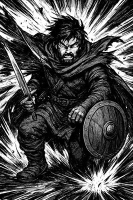 a black and white drawing of a man holding a sword