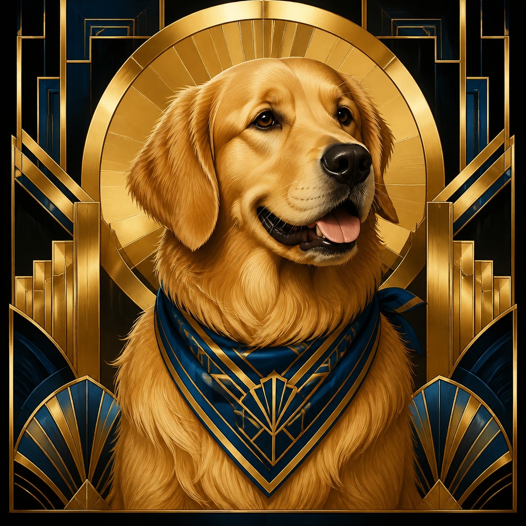 portrait of a golden retriever wearing a blue bandana, warm plain backdrop, no text