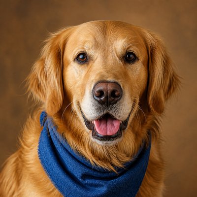 portrait of a golden retriever wearing a blue bandana, warm plain backdrop, no text