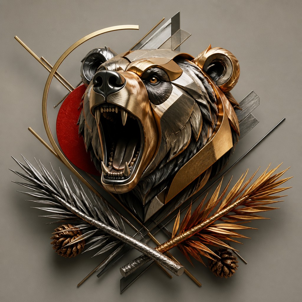 a roaring bear head above crossed pine branches, bold graphic composition on a plain background, no text