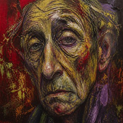close-up portrait of an elderly person with expressive weathered features