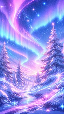 a snowy pine forest under the northern lights, no people