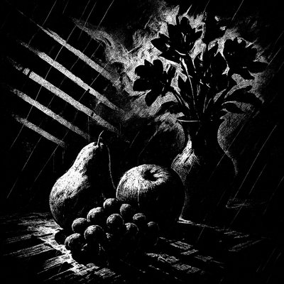 still life arrangement of fruits and flowers
