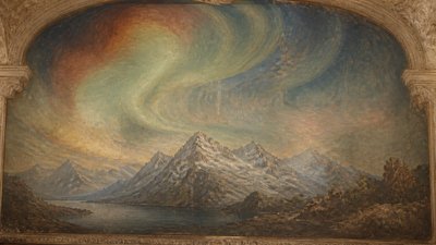 a flowing aurora over snowy peaks, wide sweeping composition, no people, no text