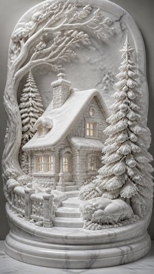a snow-covered cottage with warm glowing windows beside a decorated pine tree, gentle snowfall, no text